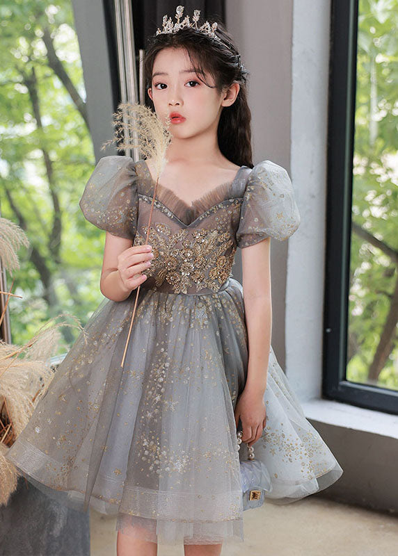 Unique Rosa Pailletten Patchwork Tüll Kinder Langes Kleid Puffärmel YE004