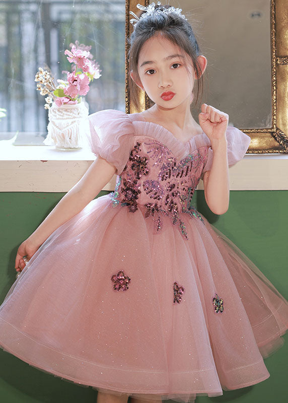 Unique Rosa Pailletten Patchwork Tüll Kinder Langes Kleid Puffärmel YE004
