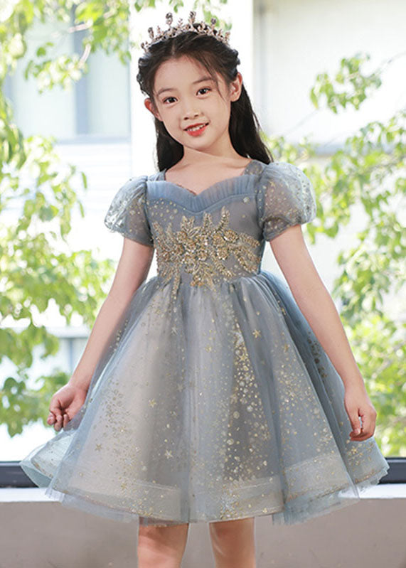 Unique Rosa Pailletten Patchwork Tüll Kinder Langes Kleid Puffärmel YE004