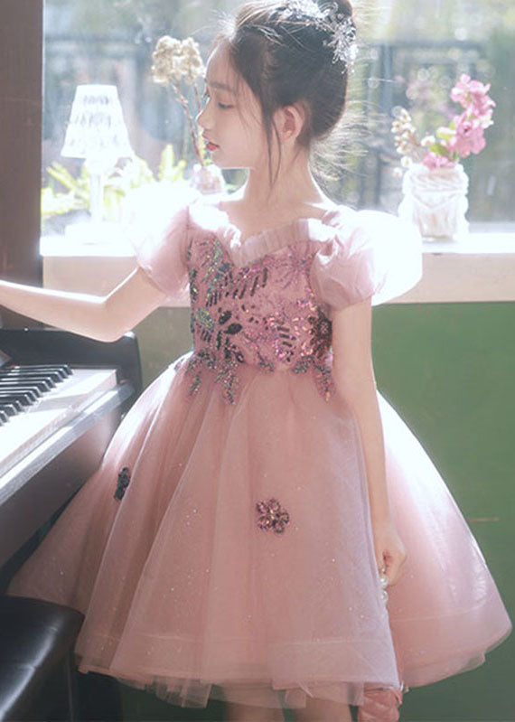 Unique Rosa Pailletten Patchwork Tüll Kinder Langes Kleid Puffärmel YE004