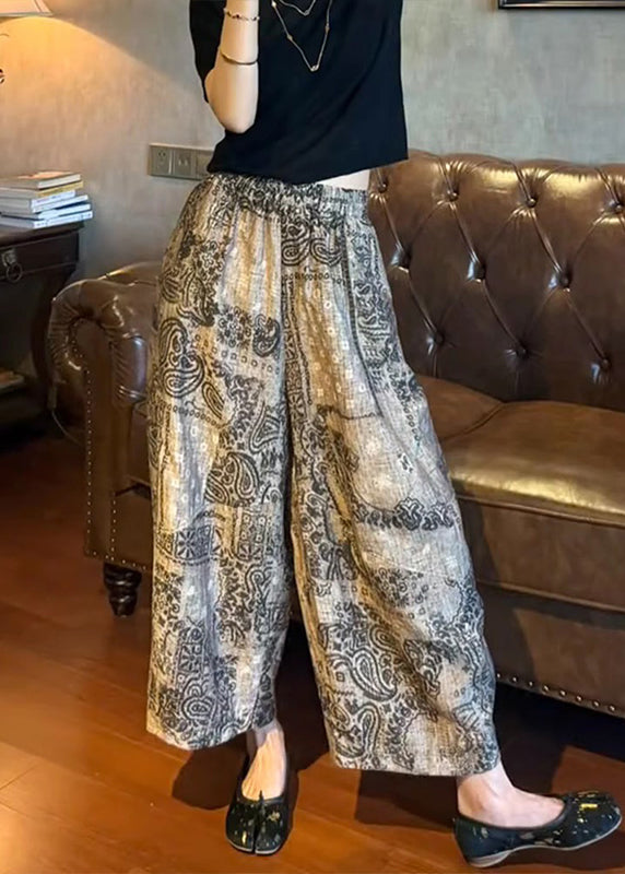 Pantalon d'été en coton élastique à taille large et imprimé unique