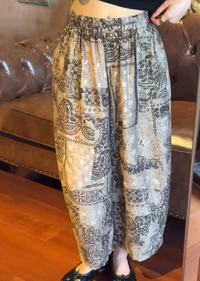Pantalon d'été en coton élastique à taille large et imprimé unique
