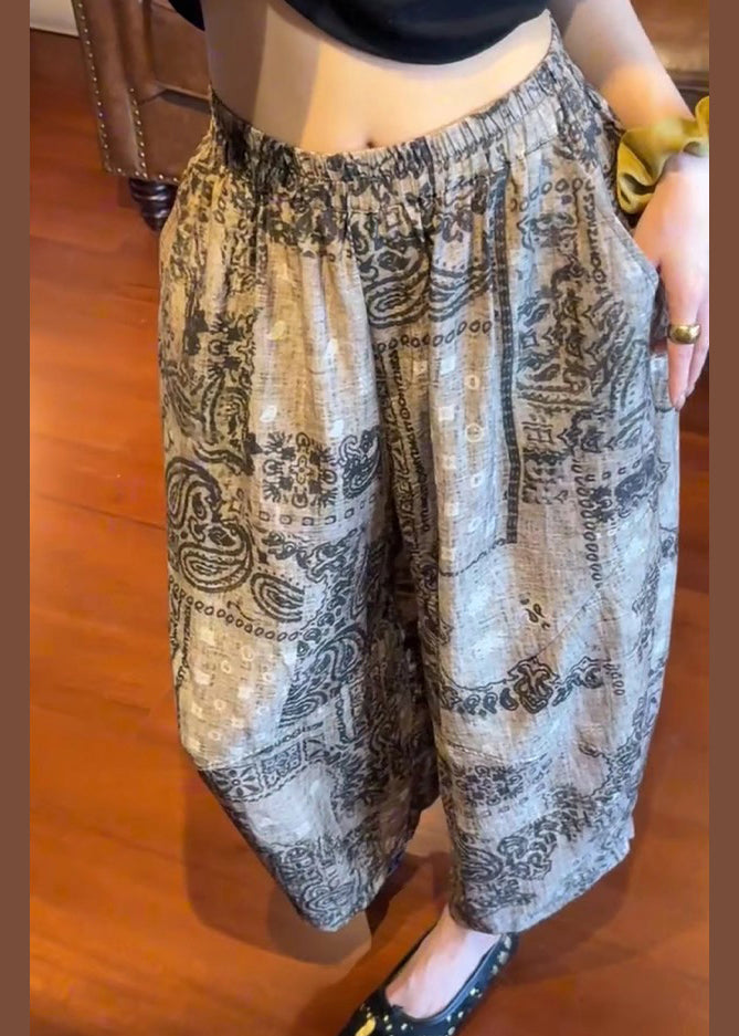 Pantalon d'été en coton élastique à taille large et imprimé unique