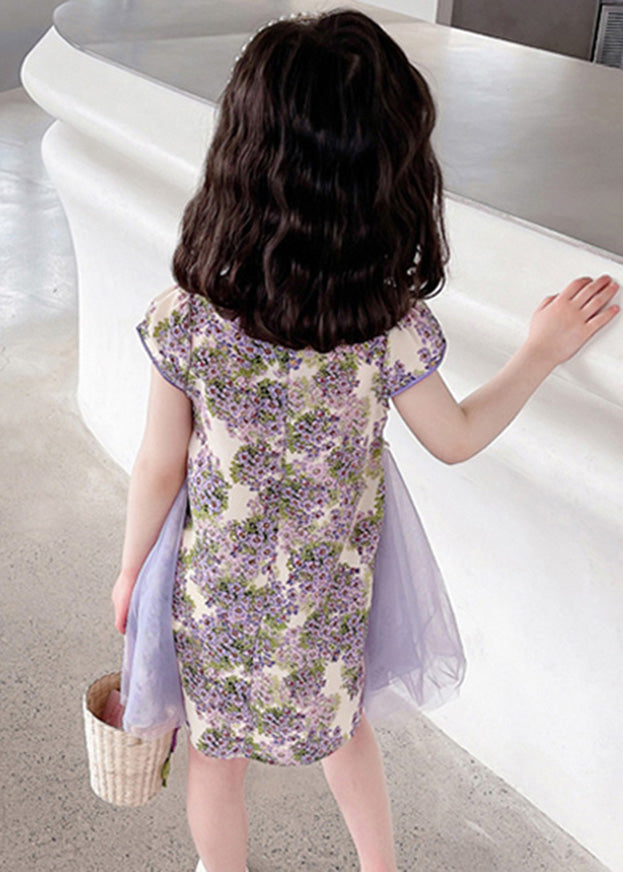 Unique Purple Stand Collar Print Girls Mid Dress Summer GF018