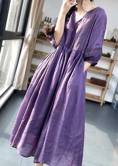 Unique Purple V Neck Lace Pockets Patchwork Cotton Dresses Summer OO038