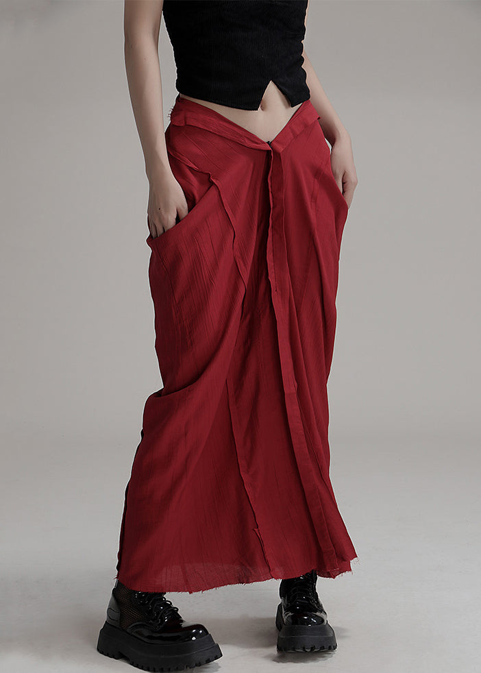 Unique Red Asymmetrical Pockets Cotton Maxi Skirts Summer Ada Fashion