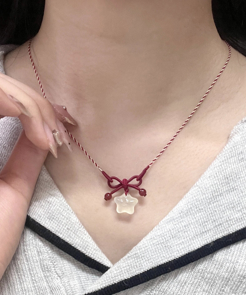 Unique Red Hand Woven Jade Bow Pendant Necklace QZ021