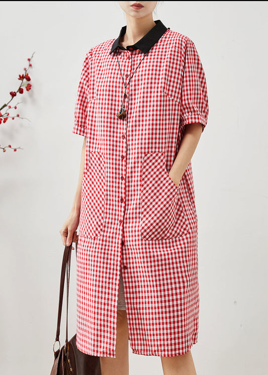 Unique Red Peter Pan Collar Plaid Linen Dresses Summer AP1069