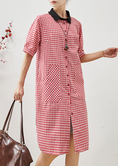 Unique Red Peter Pan Collar Plaid Linen Dresses Summer AP1069