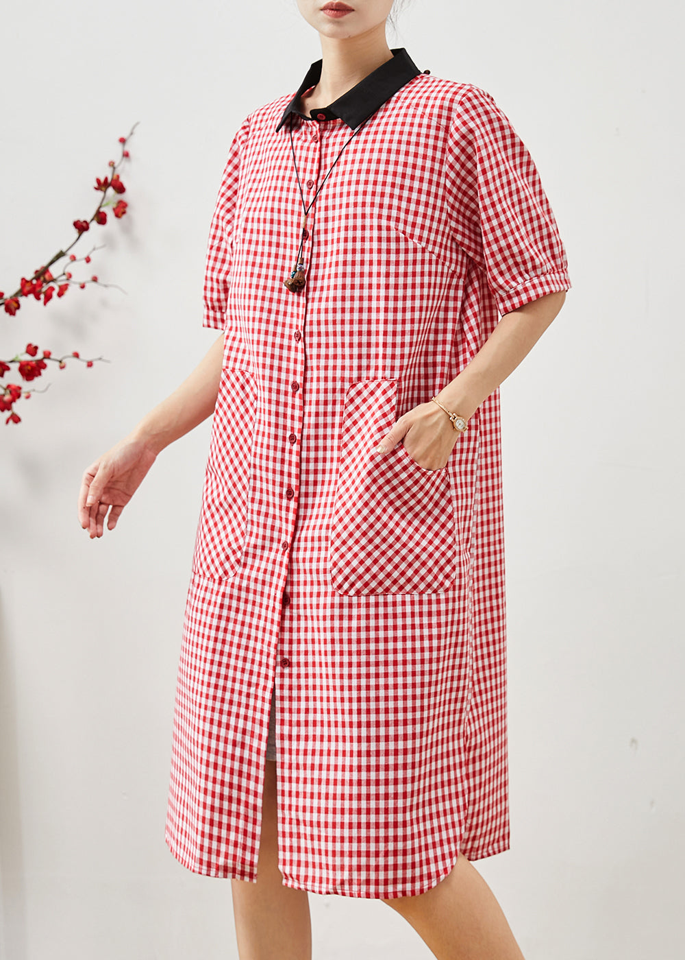 Unique Red Peter Pan Collar Plaid Linen Dresses Summer AP1069