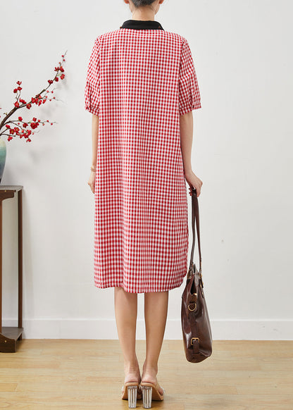 Unique Red Peter Pan Collar Plaid Linen Dresses Summer AP1069