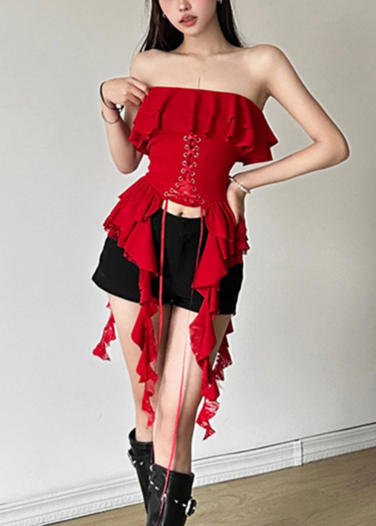 Unique Red Slash Neck Lace Up Cotton Tops Sleeveless EE1041