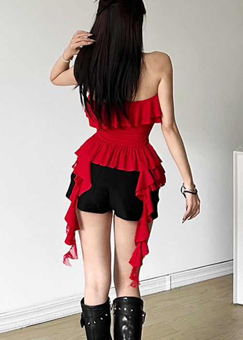 Unique Red Slash Neck Lace Up Cotton Tops Sleeveless EE1041