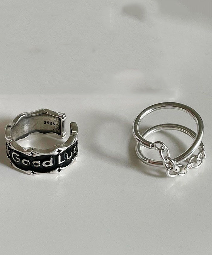 Patchwork Rings Set Unique Two-Piece Sterling Graphic Silk Silver