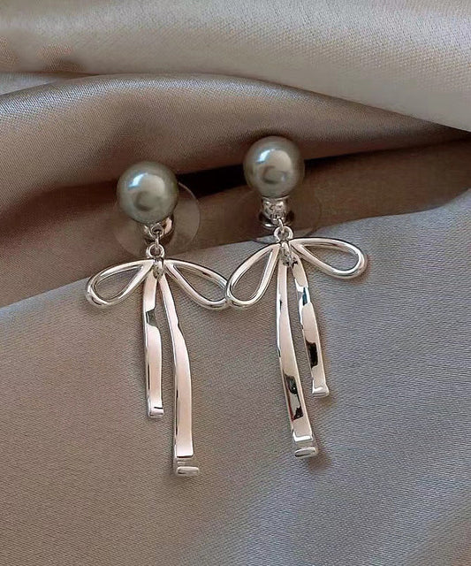 Unique Silk Sterling Silver Metal Pearl Bow Drop Earrings GH1015