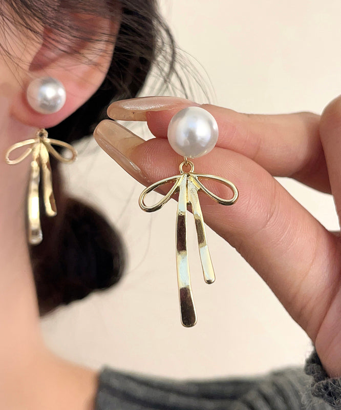 Unique Silk Sterling Silver Metal Pearl Bow Drop Earrings GH1015