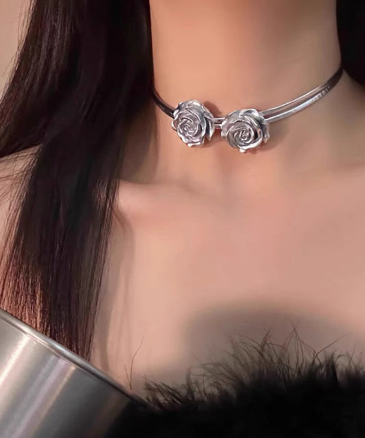 Unique Silk Sterling Silver Rose Bilayer Choker PO060