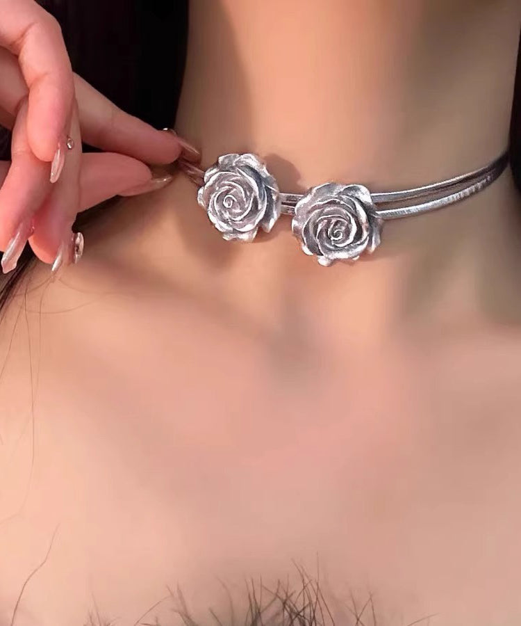 Unique Silk Sterling Silver Rose Bilayer Choker PO060