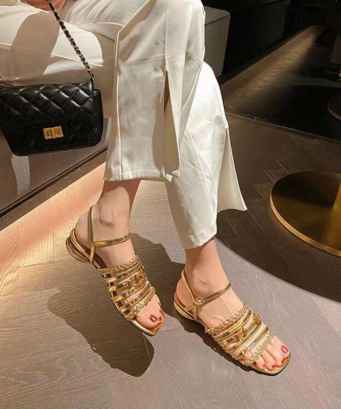 Einzigartige Spleißen Sandalen Peep Toe Gold Schaffell Hollow Out OI029