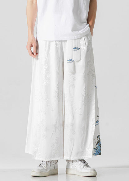 Unique White Oriental Embroideried Pockets Silk Mens Pants Summer YT056