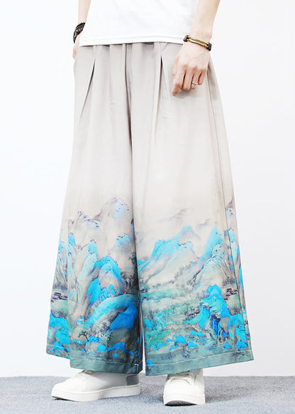 Unique White Pockets Print Ice Silk Mens Wide Leg Pants Summer SA042