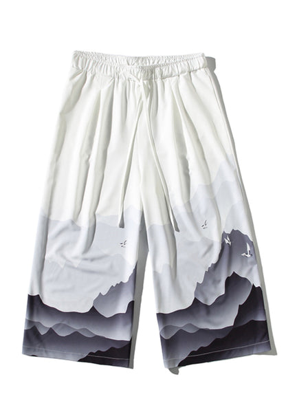 Unique White Pockets Print Ice Silk Mens Wide Leg Pants Summer SA042