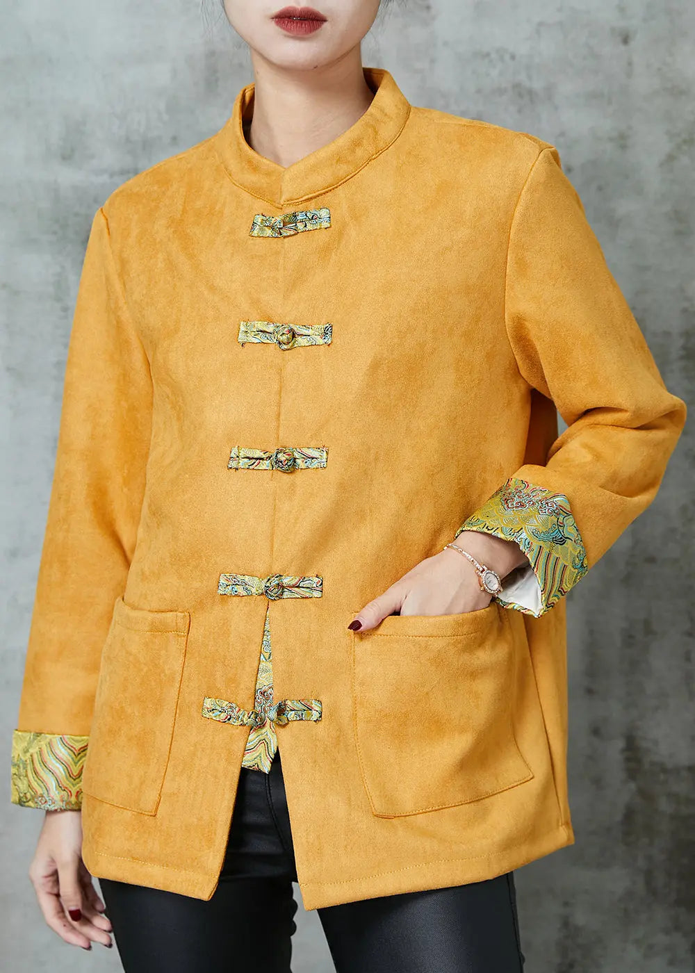 Unique Yellow Pockets Faux Suede Chinese Style Jackets Spring Ada Fashion