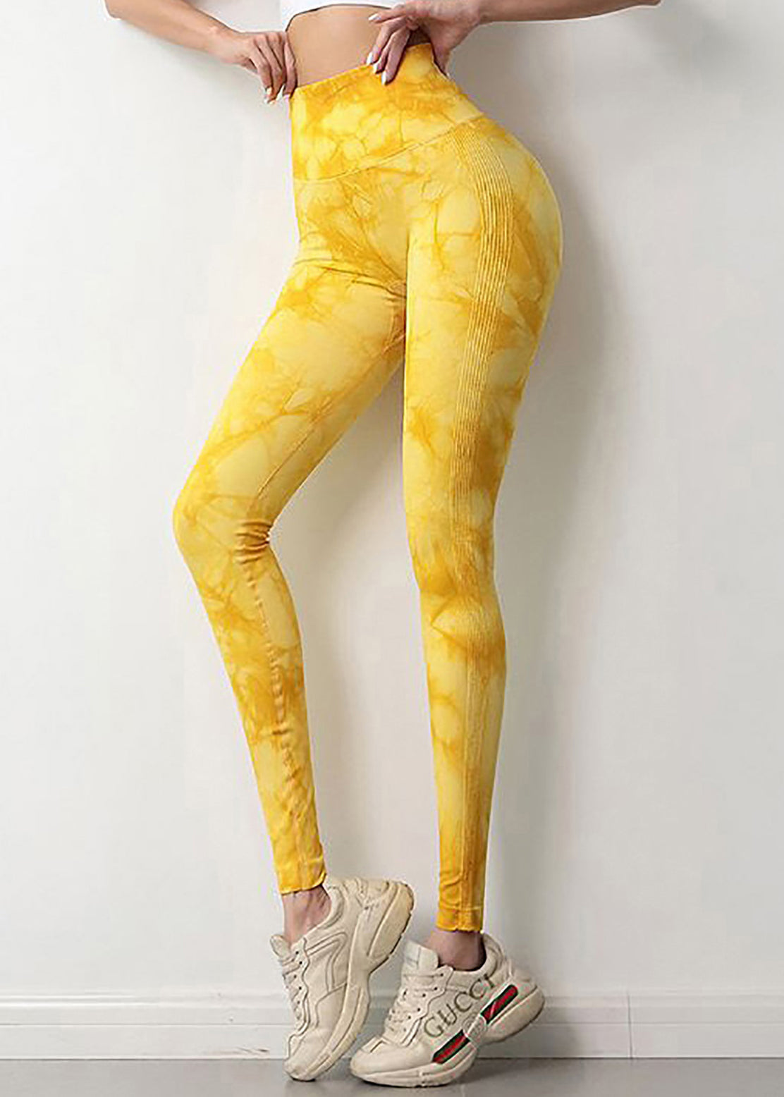 Leggings uniques en nylon jaune tie-dye froissé avec effet requin TD003