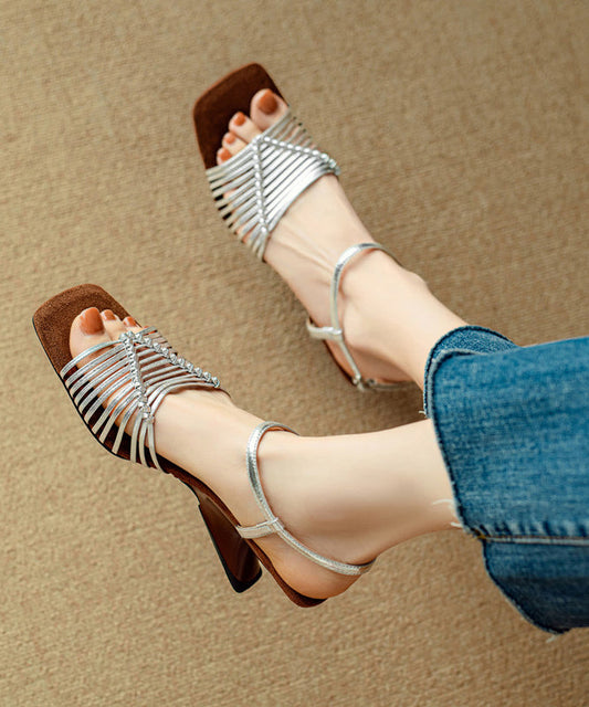 Vacation Style Silver Square Toe Woven Heterotypic High Heels Sandals OI053