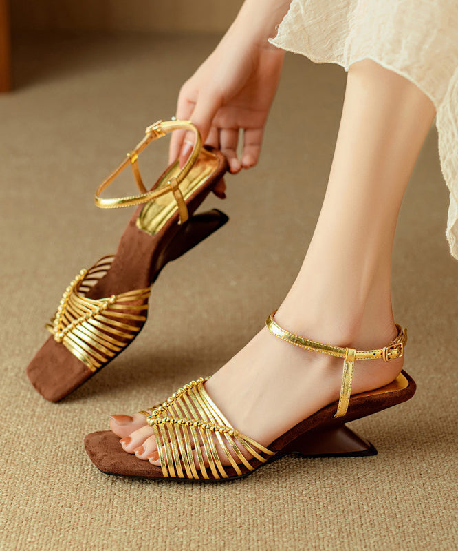 Vacation Style Silver Square Toe Woven Heterotypic High Heels Sandals OI053