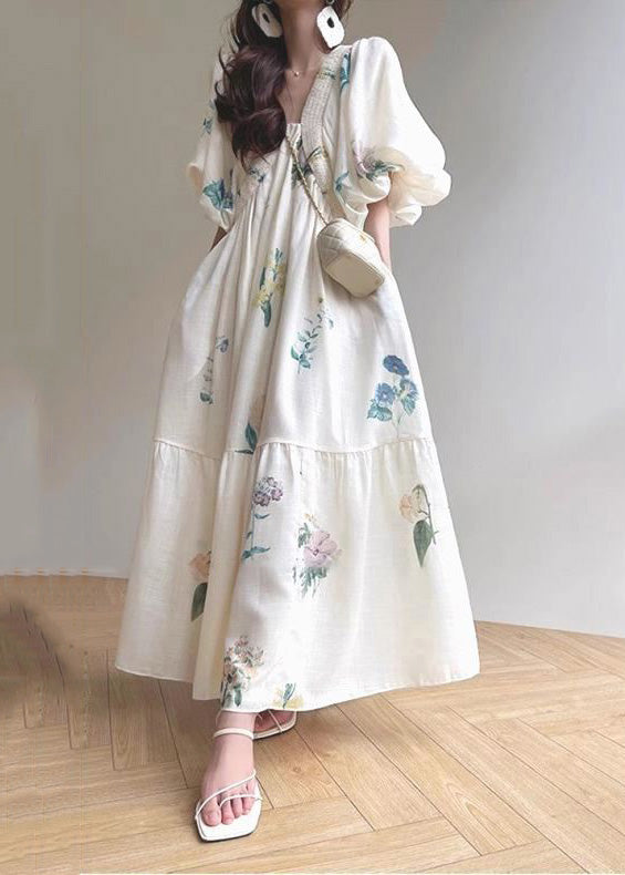 Robe en coton à manches bouffantes et imprimé blanc style vacances XX089