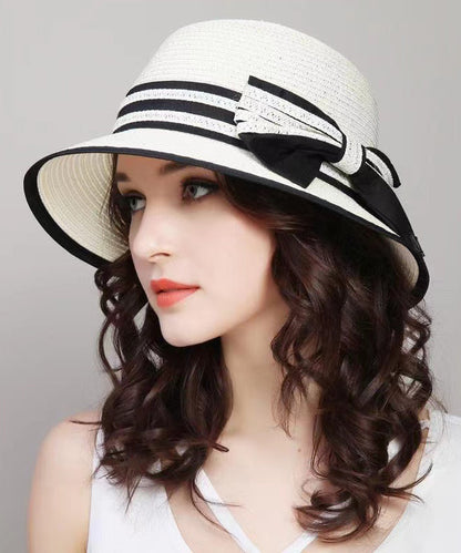 Versatile White Bow Beach Straw Woven Sun Hat Foldable II049