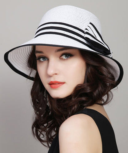 Versatile White Bow Beach Straw Woven Sun Hat Foldable II049