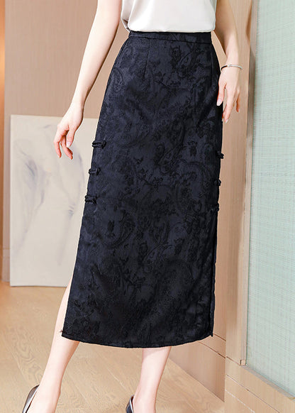 Vintage Apricot Jacquard Chinese Button Side Open Silk Skirts Spring QQ1004