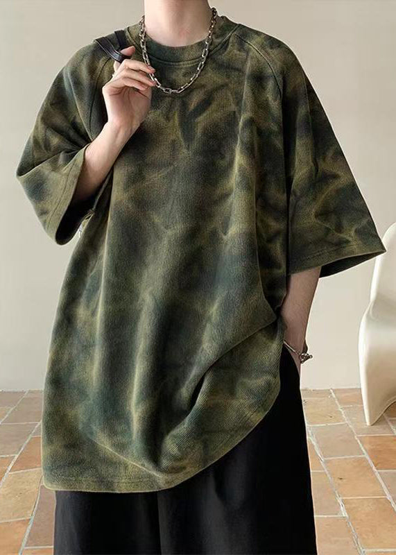 Half Dye Mens Tie O-Neck Army Green Vintage Shirt Cotton Sleeve T