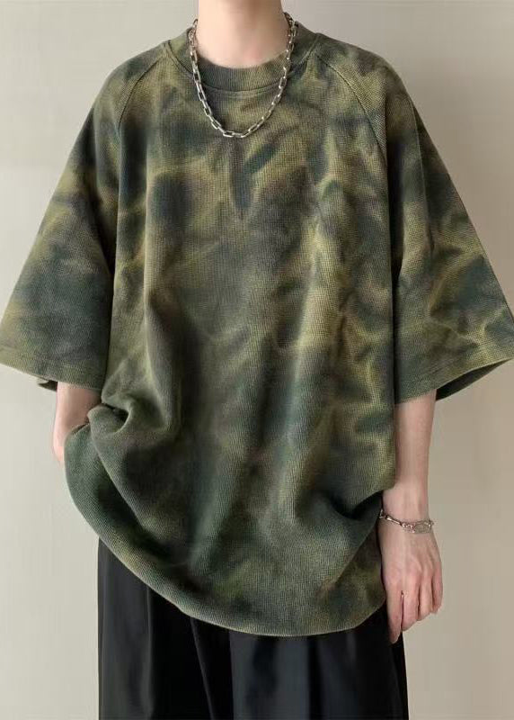 Half Dye Mens Tie O-Neck Army Green Vintage Shirt Cotton Sleeve T