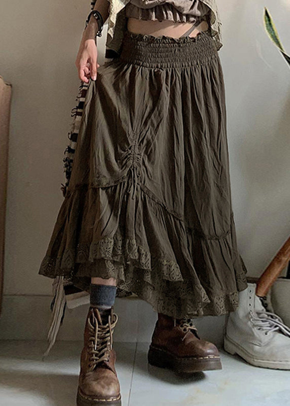 Vintage Army Green Ruffled Cinched Elastic Waist Cotton Skirts Fall QA013