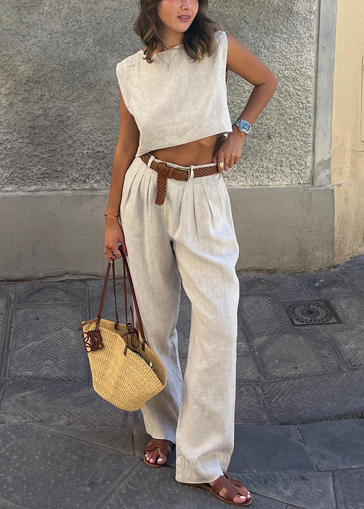 Set And Two-Piece Leg Vintage Pants Vests Linen Beige Wide