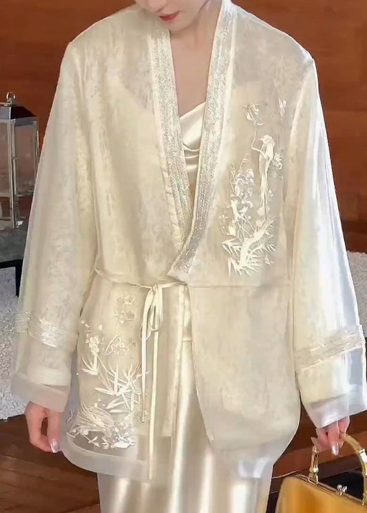 Cardigan vintage beige en soie brodé à col en V et lacets, printemps YF016