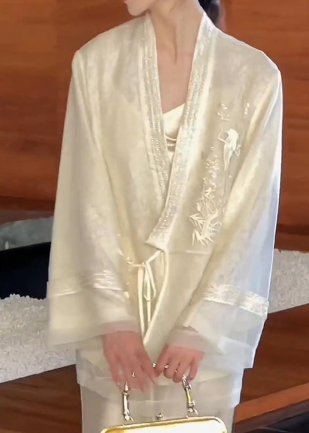 Vintage Beige V Neck Embroidered Lace Up Silk Cardigan Spring YF016