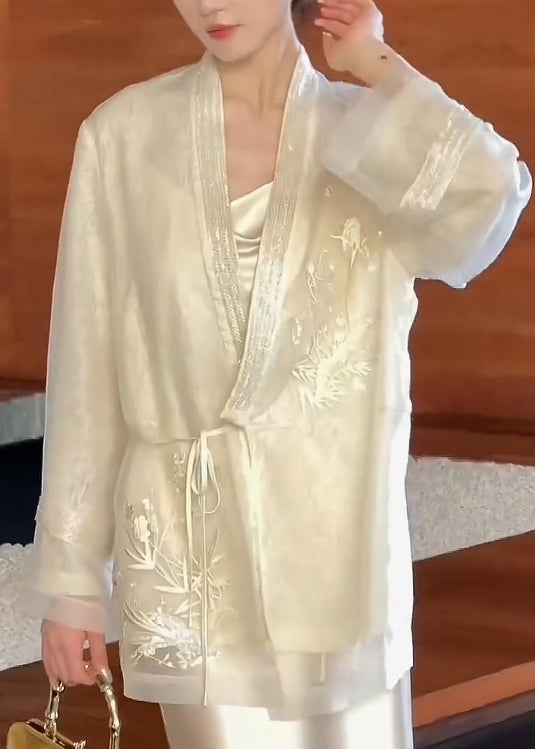 Vintage Beige V Neck Embroidered Lace Up Silk Cardigan Spring YF016