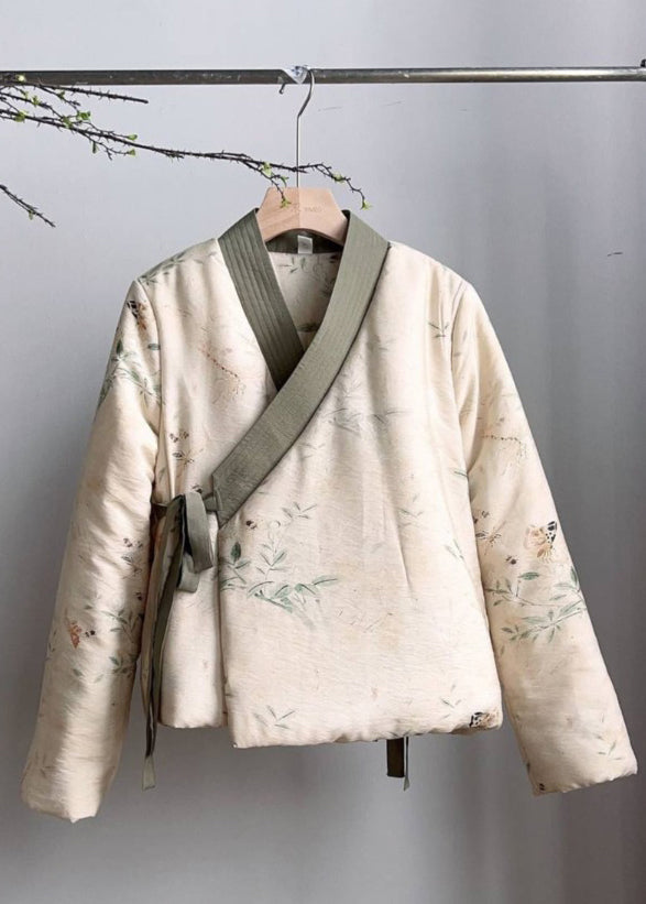 Vintage Beige V-Ausschnitt Schnürung Feine Baumwolle gefüllte Mäntel Frühling TJ030