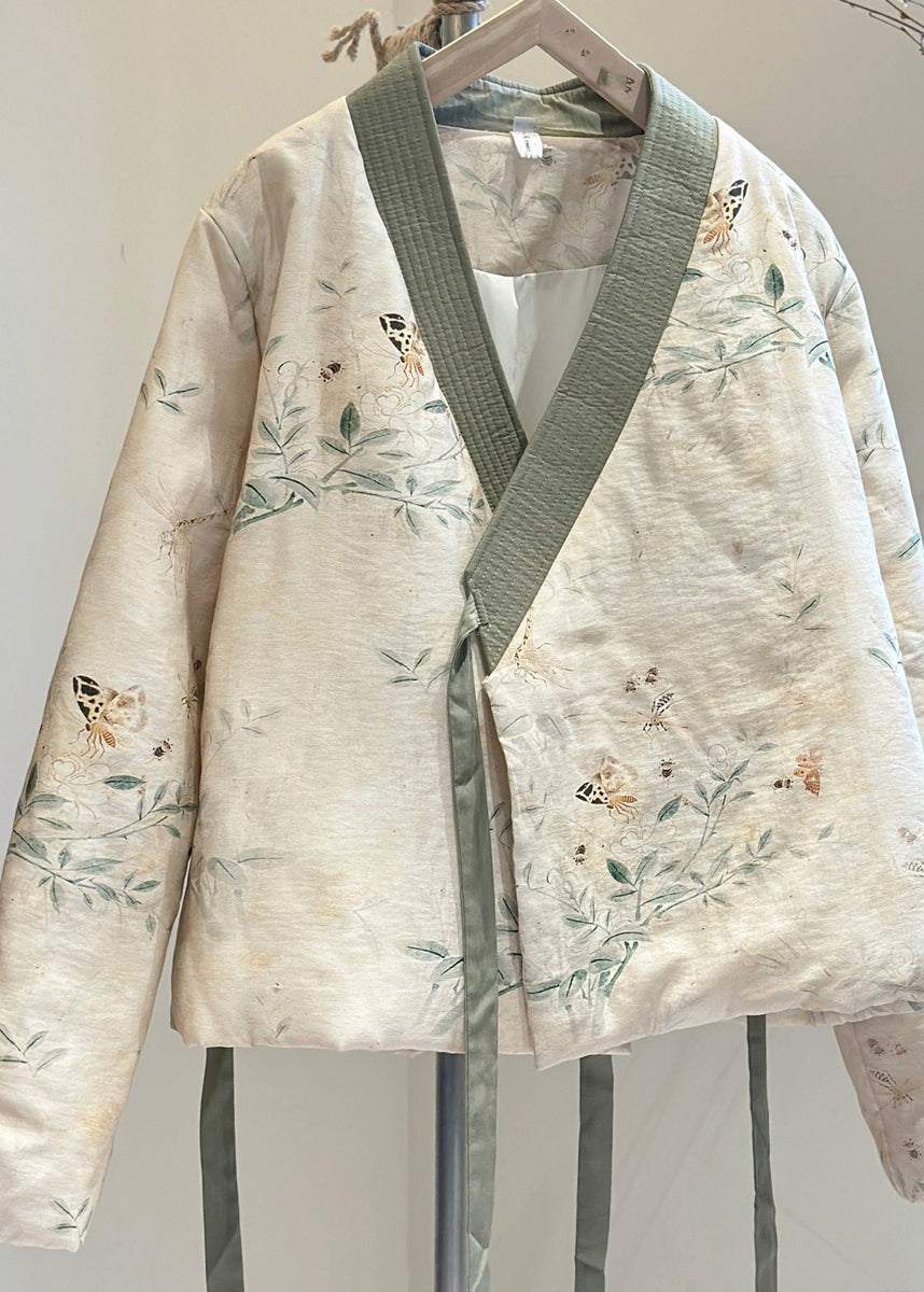 Vintage Beige V-Ausschnitt Schnürung Feine Baumwolle gefüllte Mäntel Frühling TJ030