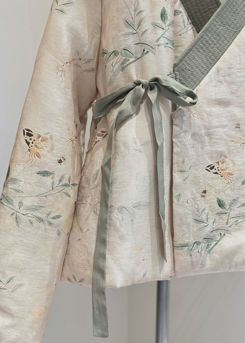 Vintage Beige V-Ausschnitt Schnürung Feine Baumwolle gefüllte Mäntel Frühling TJ030