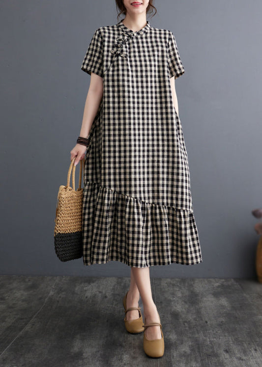 Robe vintage à gros carreaux et col montant en coton patchwork pour l'été AP071