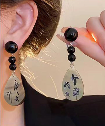 Vintage Black Acrylic Alloy Print Shell Water Drop Drop Earrings ZZ040