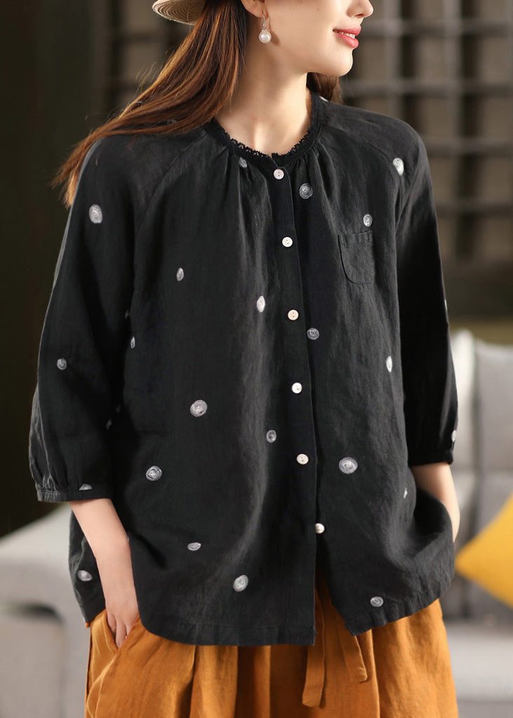 Top Button bestickte Leinen Vintage Sommer Bluse schwarz