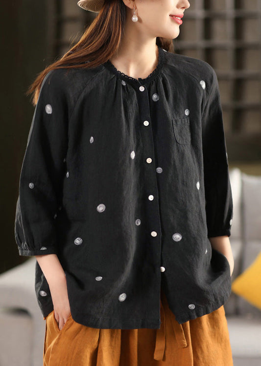 Top Button bestickte Leinen Vintage Sommer Bluse schwarz