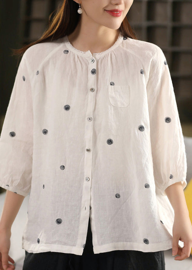 Top Button bestickte Leinen Vintage Sommer Bluse schwarz