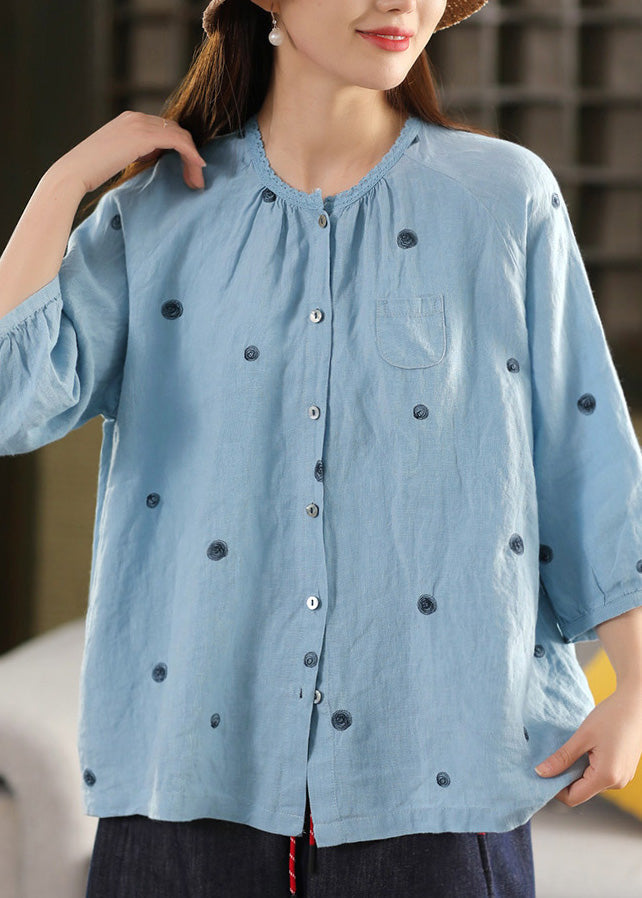 Top Button bestickte Leinen Vintage Sommer Bluse schwarz